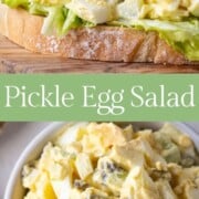 egg salad on sourdough and in a dish.