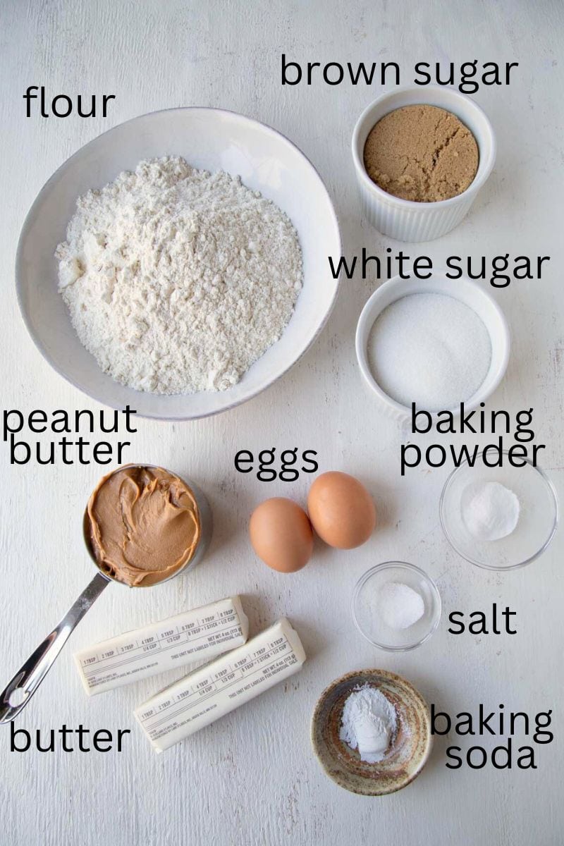 peanut butter, eggs, sugar, flour, and other ingredients.