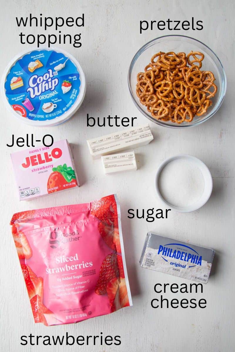 strawberry gelatin, strawberries, pretzels, and other ingredients.