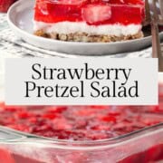 layered salad with pretzel crust, cream cheese layer, and strawberry gelatin on top.
