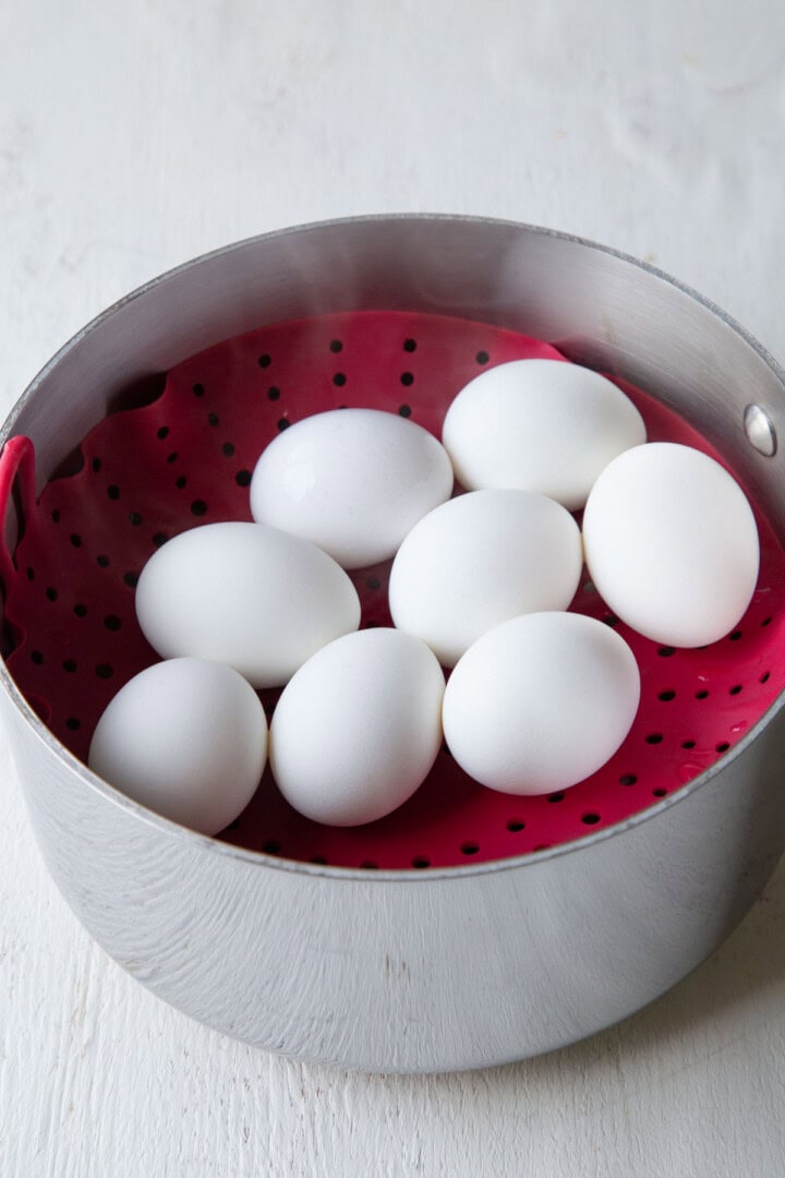 eggs in a steamer basket.