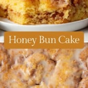 sliced and whole honey bun cake with brown sugar swirl.