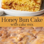 sliced and whole honey bun cake with cinnamon swirl.