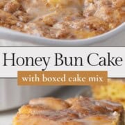 slice of honey bun cake and a whole honey bun cake.