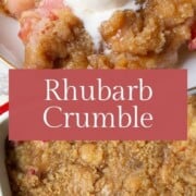pan of rhubarb crumble and a slice, topped with vanilla ice cream.