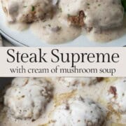 beef patties in cream of mushroom sauce in a skillet and on a plate.