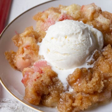rhubarb crumble in a small dish topped with a scoop of vanilla ice cream.