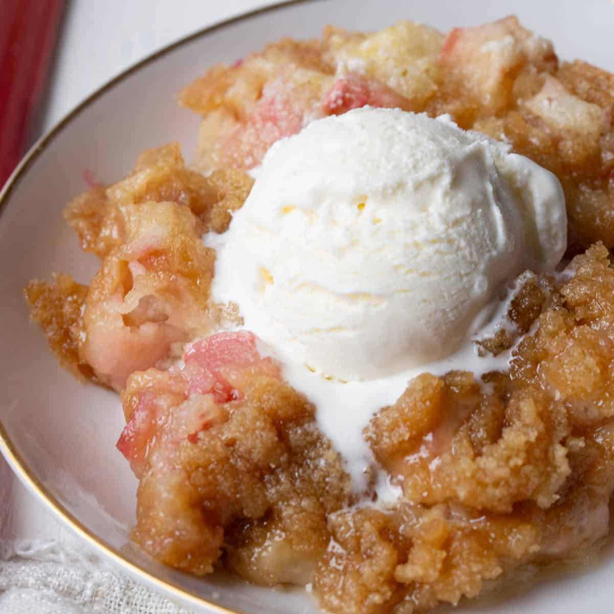 rhubarb crumble in a small dish topped with a scoop of vanilla ice cream.