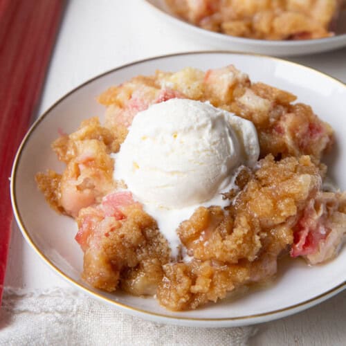 rhubarb crumble topped with a scoop of vanilla ice cream in a dish.