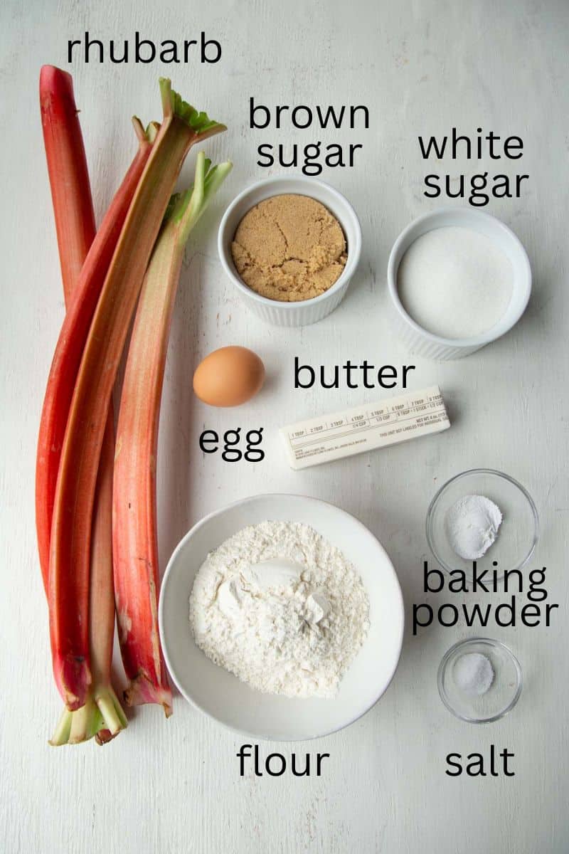 rhubarb, egg, flour, sugar, and other ingredients.