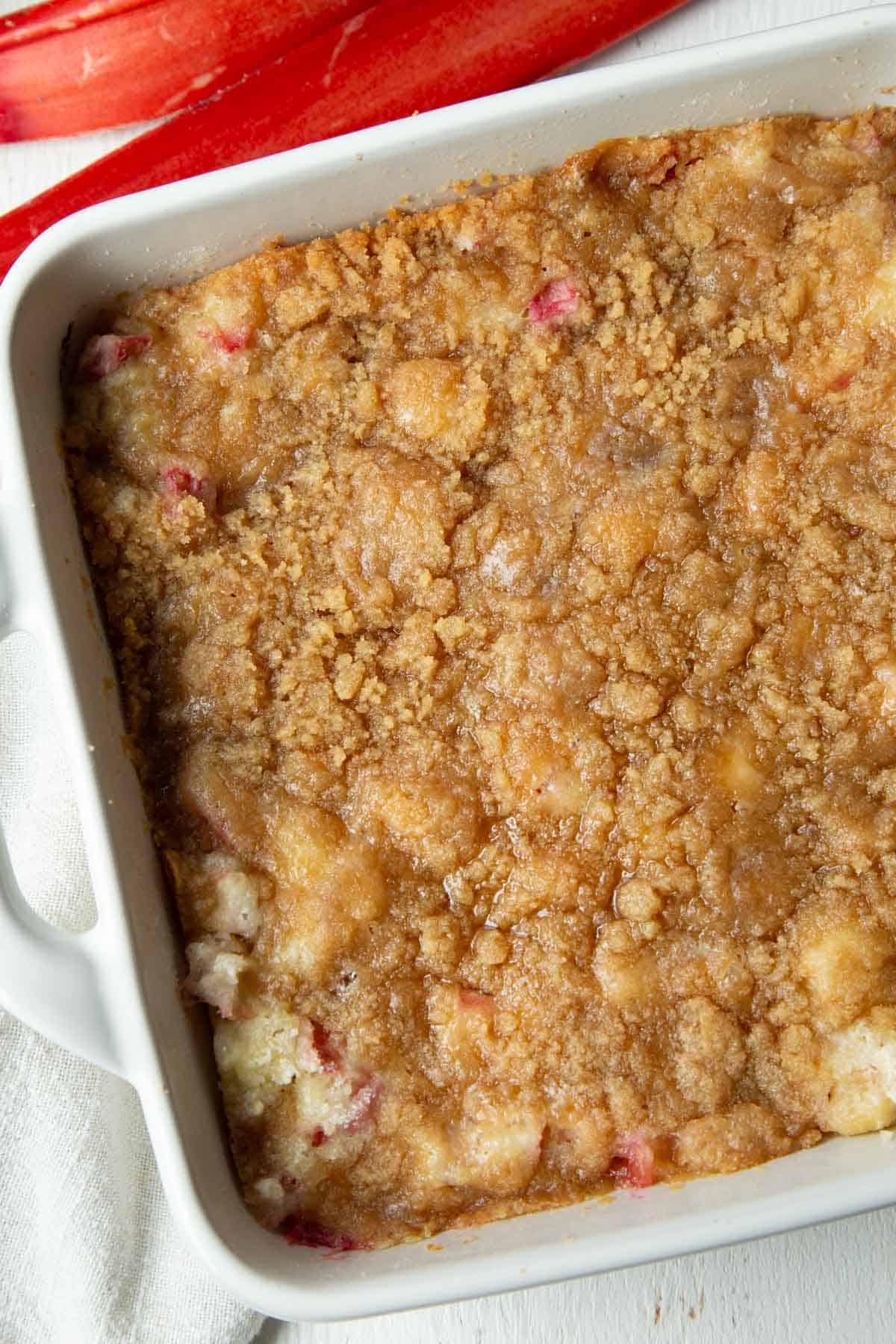 top of a dish full of rhubarb crumble.