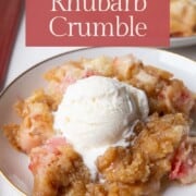 rhubarb crumble topped with vanilla ice cream.