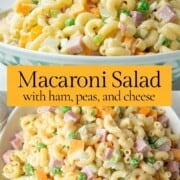 macaroni salad with ham, peas, and cheese in a bowl.