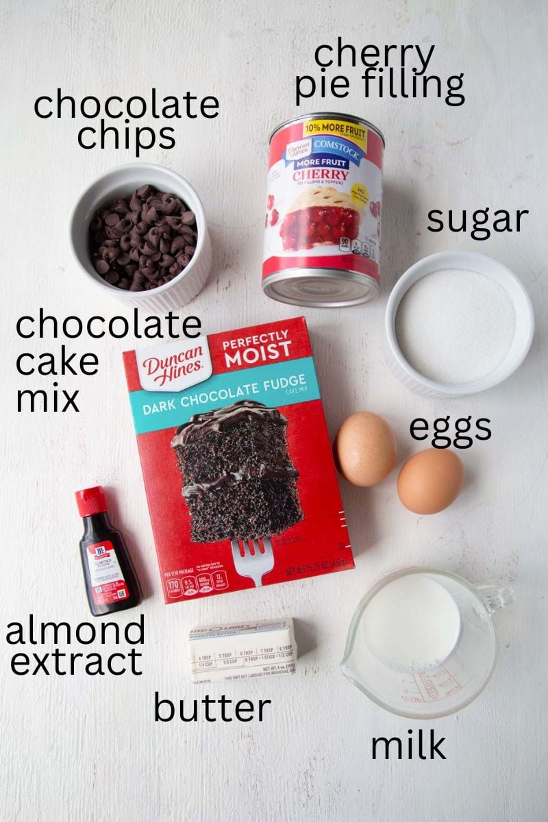 chocolate cake mix, cherry pie filling, eggs, and other ingredients.