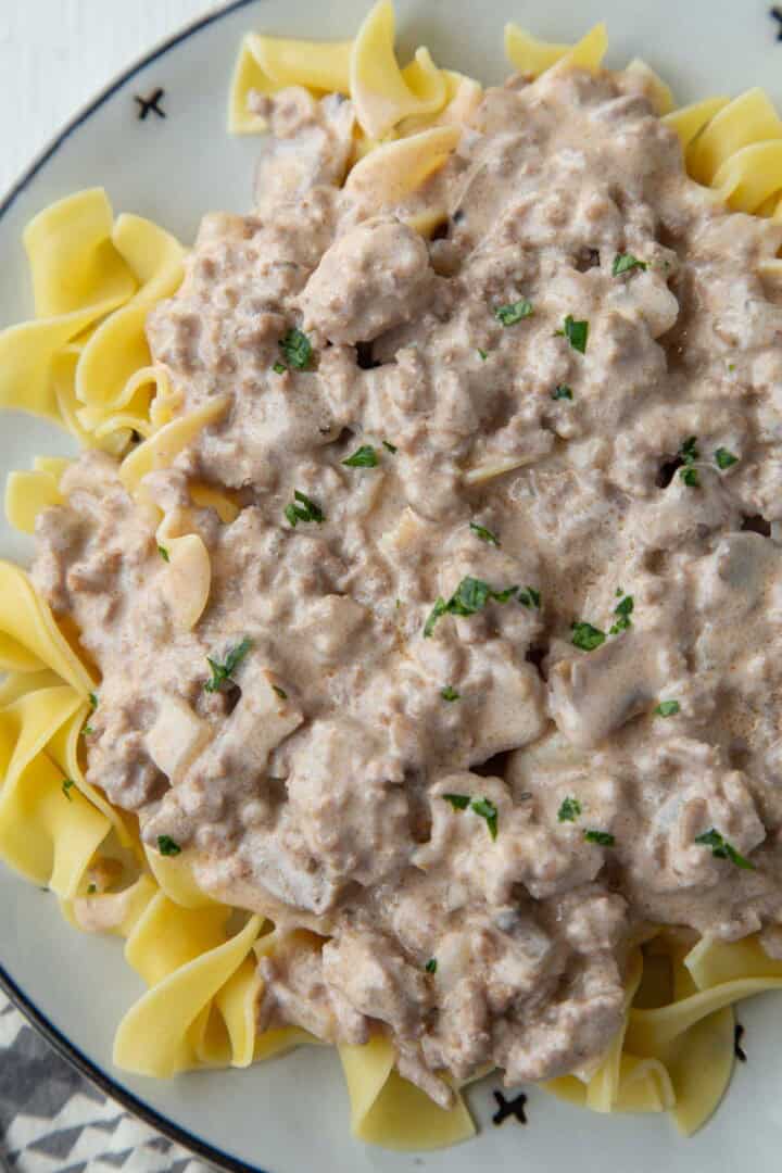 ground beef stroganoff on top of egg noodles.