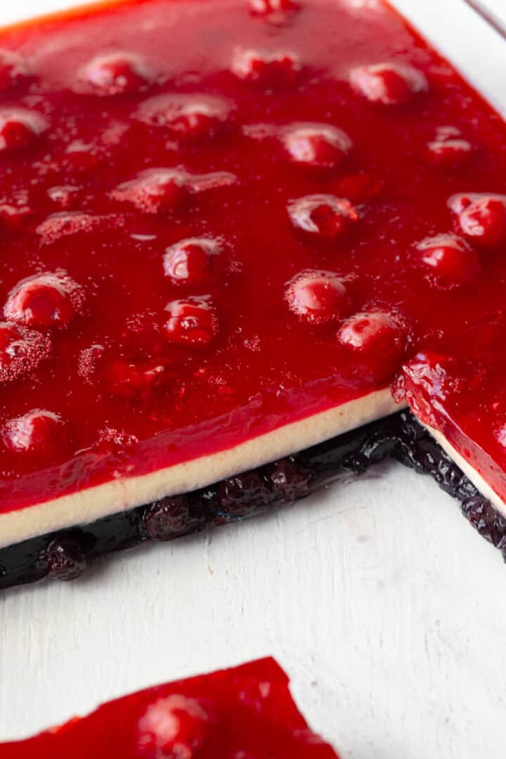 cross section of. a layered gelatin dessert with blue, white, and red layers.