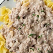 ground beef stroganoff on a dinner plate with egg noodles.