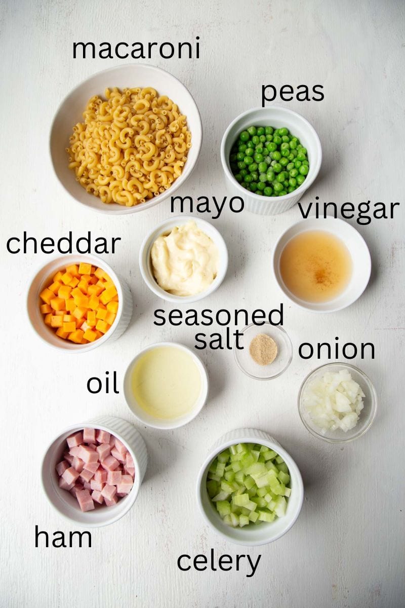 macaroni, peas, ham, cheddar, celery, mayo, and other ingredients.