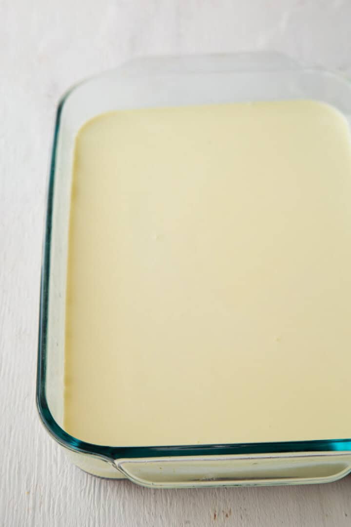 cream colored gelatin layer in a glass dish.
