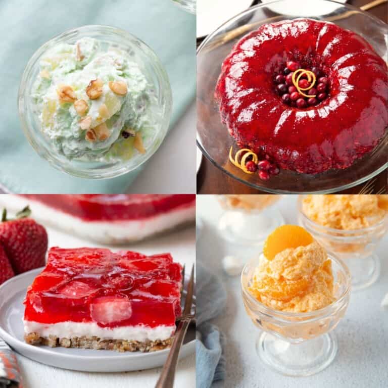 4 sweet salads including a green pistachio salad and an orange dreamsicle salad.