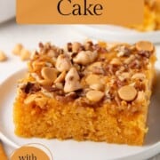 slice of butterscotch cake with butterscotch chips on top.