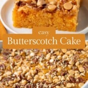 one photo of a whole butterscotch cake and another of a slice of butterscotch cake.