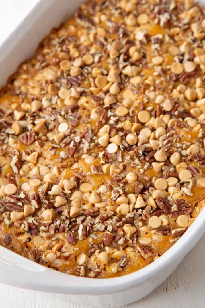 baked whole butterscotch cake with pecans and butterscotch chips on top.