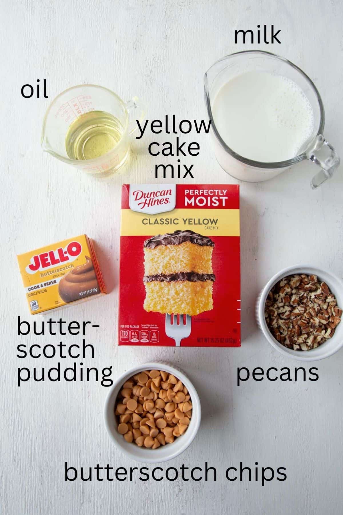 box of cake mix, pudding mix, milk, butterscotch chips, and other ingredients.