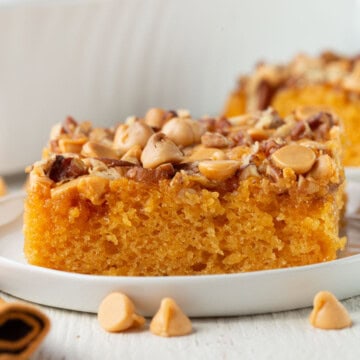 slice of butterscotch cake topped with butterscotch chips and pecans.