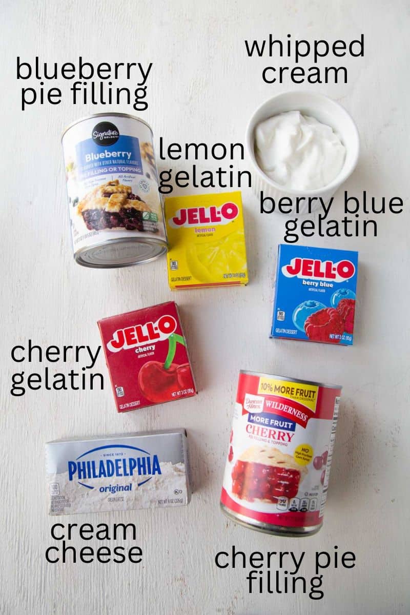 boxes of gelatin, cream cheese, pie filling, and other ingredients.