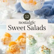 small dishes of ambrosia, an orange fluff salad, and a fluffy pistachio salad.