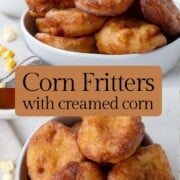 corn fritters in a white bowl.