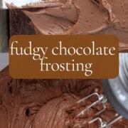 chocolate fudge frosting being spread on a cake.