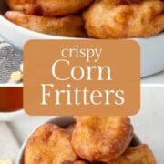 crispy corn fritters stacked in a white bowl.