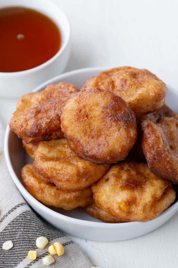 bowl of round corn fritters.