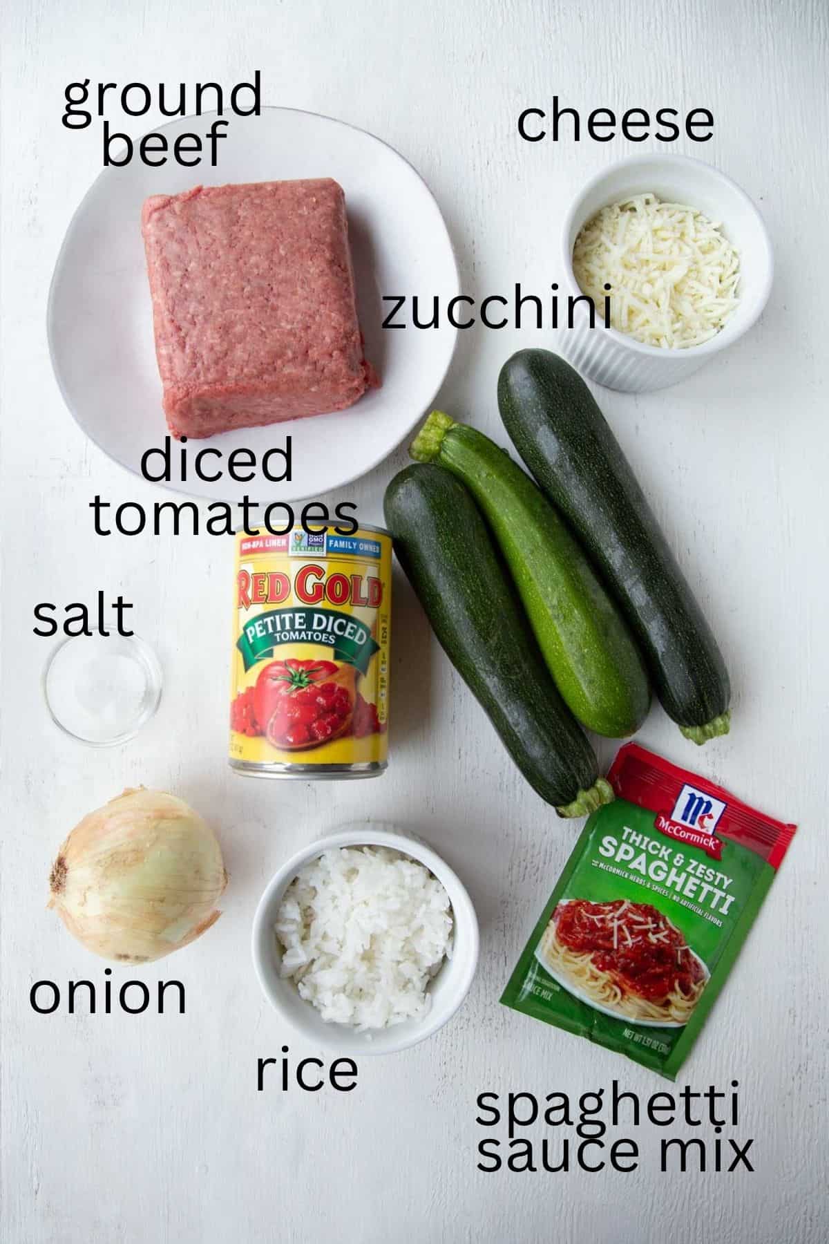 ground beef, zucchini, a can of tomatoes, and other ingredients.
