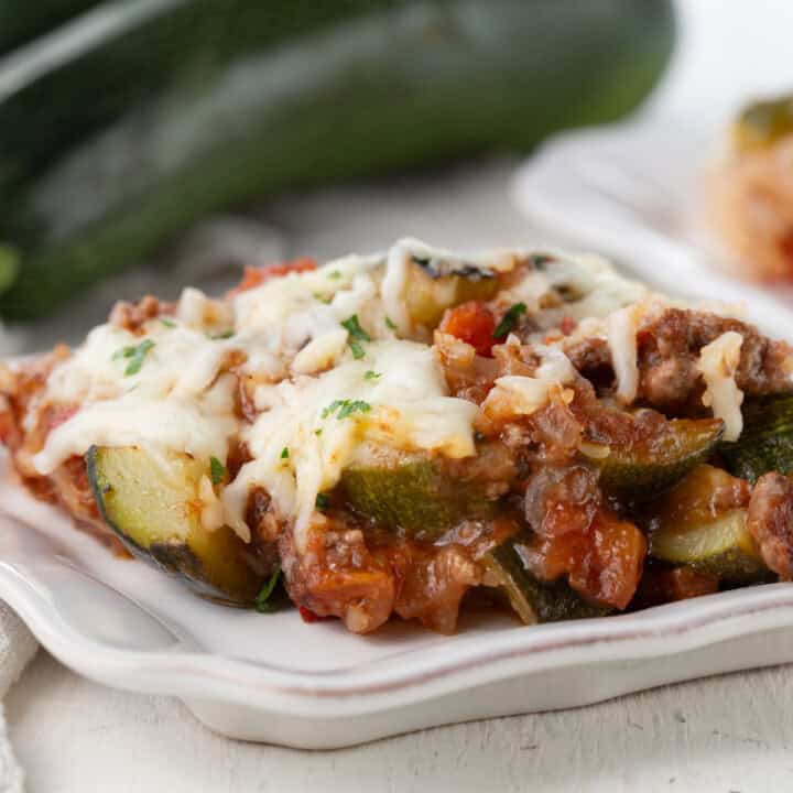 ground beef, zucchini, and tomatoes topped with shredded cheese.