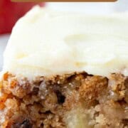 slice of apple cake on a white plate.