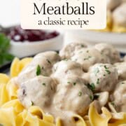 swedish meatballs over egg noodles in a creamy white sauce.