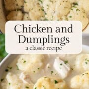 two photos of chicken and dumplings with dumplings in a pot and a bowl with pieces of chicken and fluffy dumplings.