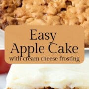an unfrosted whole apple cake and a slice of frosted apple cake with cream cheese frosting.