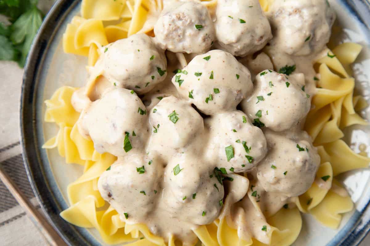 swedish meatballs in a sour cream sauce over egg noodles.