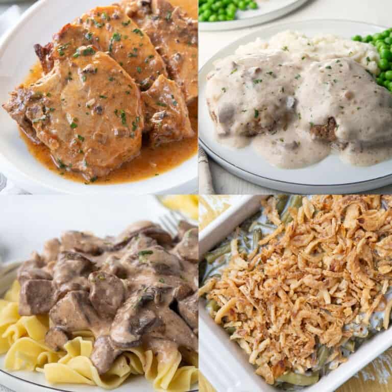 pork chops, ground beef, and green beans with cream of mushroom soup.