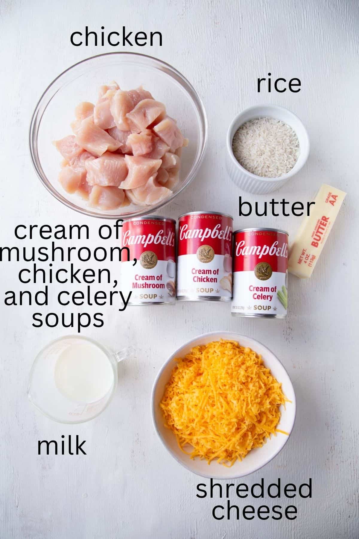chicken breast, cream of mushroom soup, cheddar, and other ingredients.