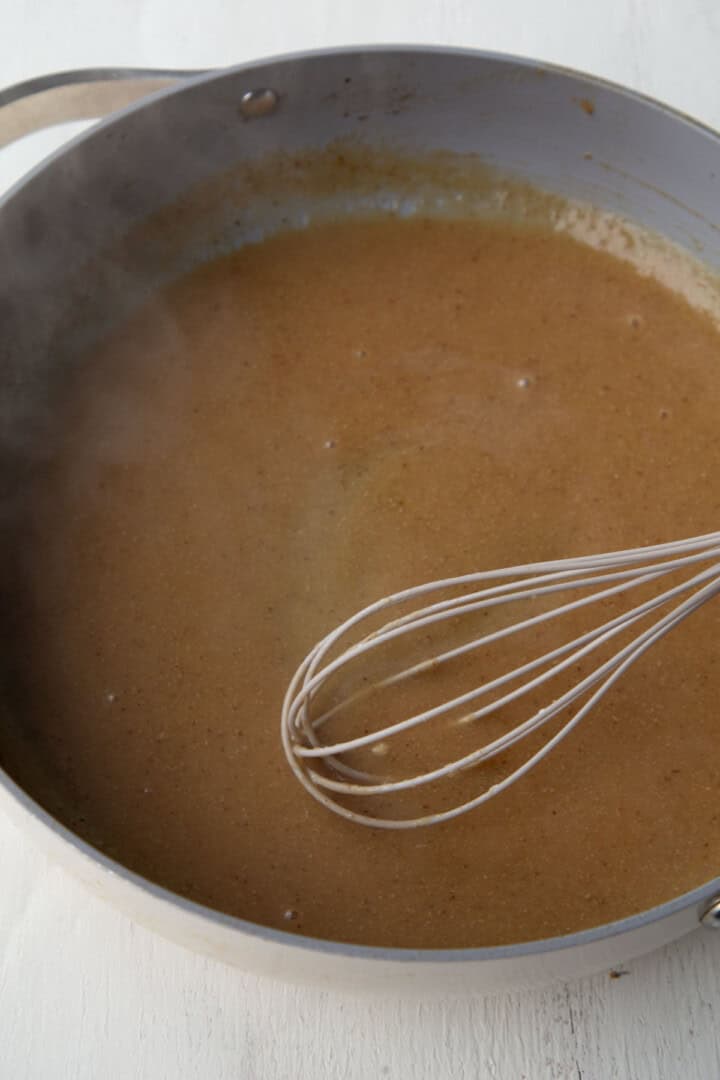 brown gravy in a skillet.
