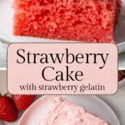 slice of strawberry cake with pink strawberry icing.