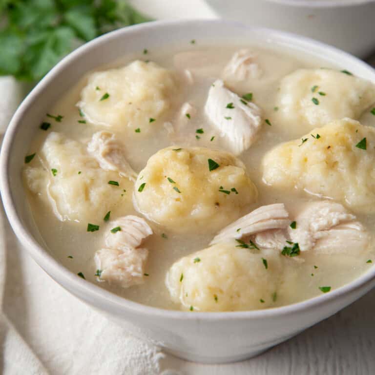 pieces of chicken and fluffy dumplings in a thick broth in a white bowl.