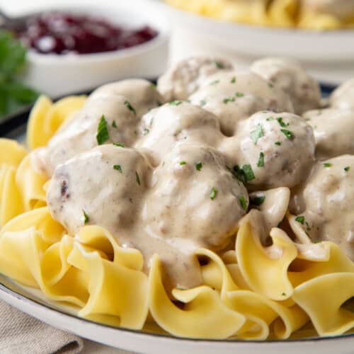 swedish meatballs in a sour cream sauce over egg noodles.