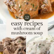 assorted pork chops, beef, and ground beef patties in a cream of mushroom sauce.