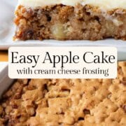 an unfrosted whole apple cake and a slice of frosted apple cake with cream cheese frosting.
